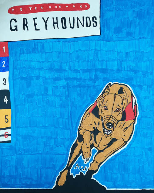 A brown greyhound dog drawn to the centre right on a blue background, with Peterbourgh greyhounds written on a white rectangle at the top left of the image.