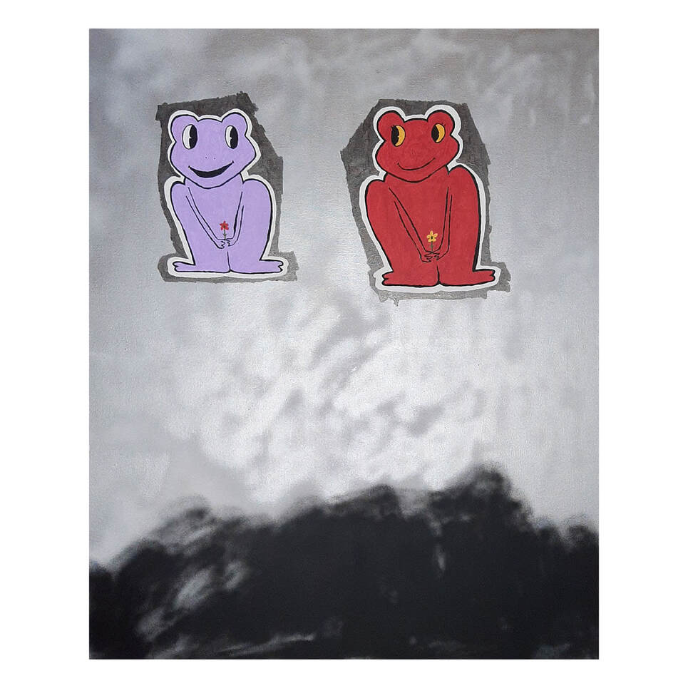 A grey tonal painting with darker black colours on the lower half, and in the upper third sit two cartoon frogs, one lilac and one red.