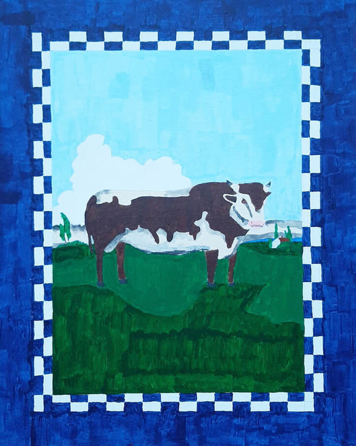 A painting with a bright blue border around the outside, and a second blue and white checkerboard border further in the image, surround a drawing of a black and white cow in a green field in the centre.