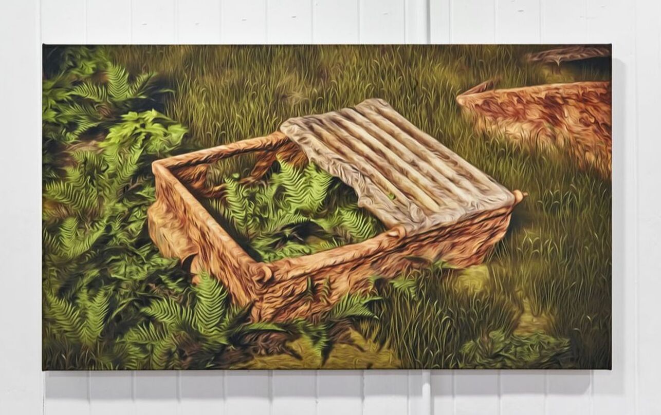 A photo of a painting of a brown box that could be made from metal or wood, overgrown by the ferns and the grass that surround it.
