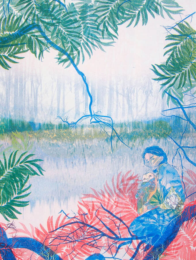 A delicate illustration with blue trees fading into the background, a girl drawn in blue sitting in some red leaves in the foreground of the picture. She is holding an owl, and is surrounded by green leaves and blue branches coming from the top of the frame.
