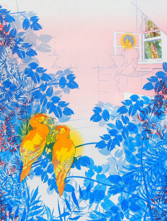 A pink background with blue lines indicating a room and a girl sitting next to a window. The image is framed by bright blue branches with leaves on, and two yellow and orange birds sitting in the foreground, looking at the girl inside.