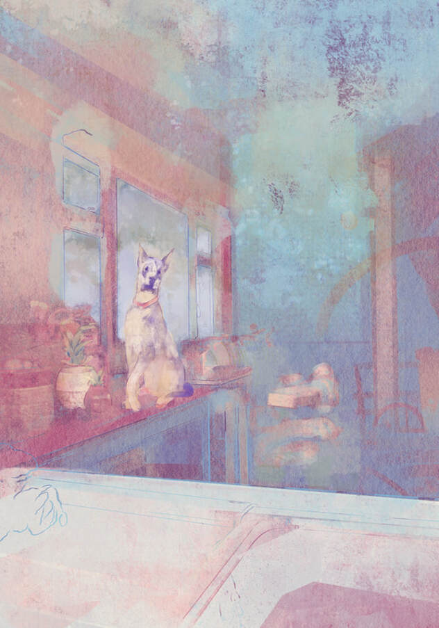 A mottled image of a large dog sitting on a kitchen counter in front of a window, printed with light blue tones and purple and red tones fading into one another.